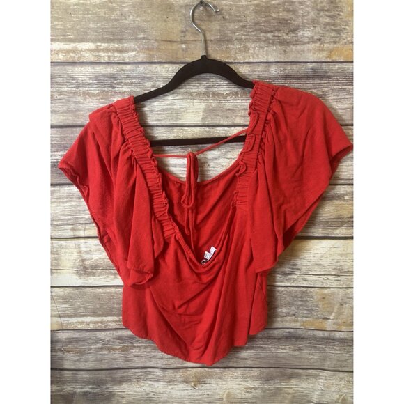 Lucy Paris Keely Ruffle Top in Red L Large Square Neck Tie Back Crop Length - Picture 2 of 4